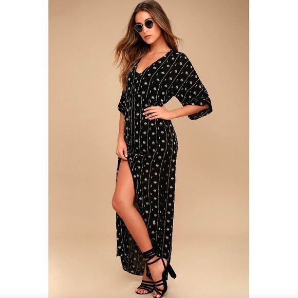 Black Maxi Dress Embroidered Beach Button Up Large - Picture 1 of 15